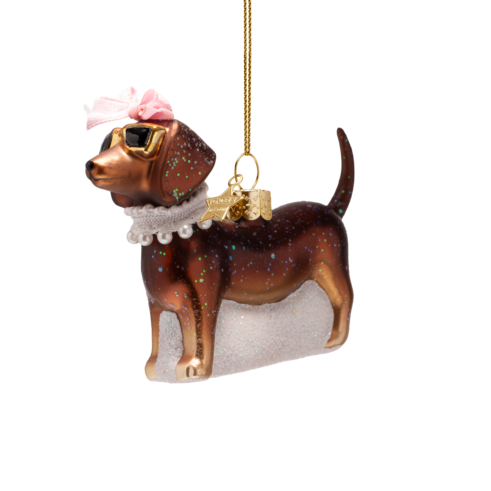 Ornament glass brown dog w/pearls H7.5cm