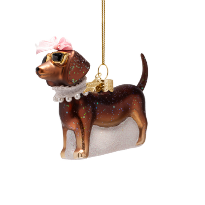 Ornament glass brown dog w/pearls H7.5cm