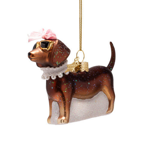 Ornament glass brown dog w/pearls H7.5cm