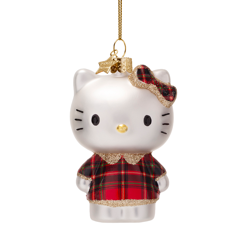 Hello Kitty-Glasornament im schottischen Kleid, 9 cm hoch, mit Box