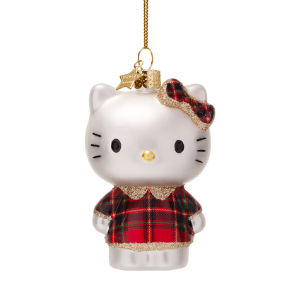 Hello Kitty-Glasornament im schottischen Kleid, 9 cm hoch, mit Box
