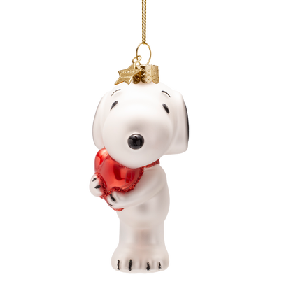 Snoopy/Peanuts-Glasornament mit Herz, 11 cm hoch, mit Schachtel