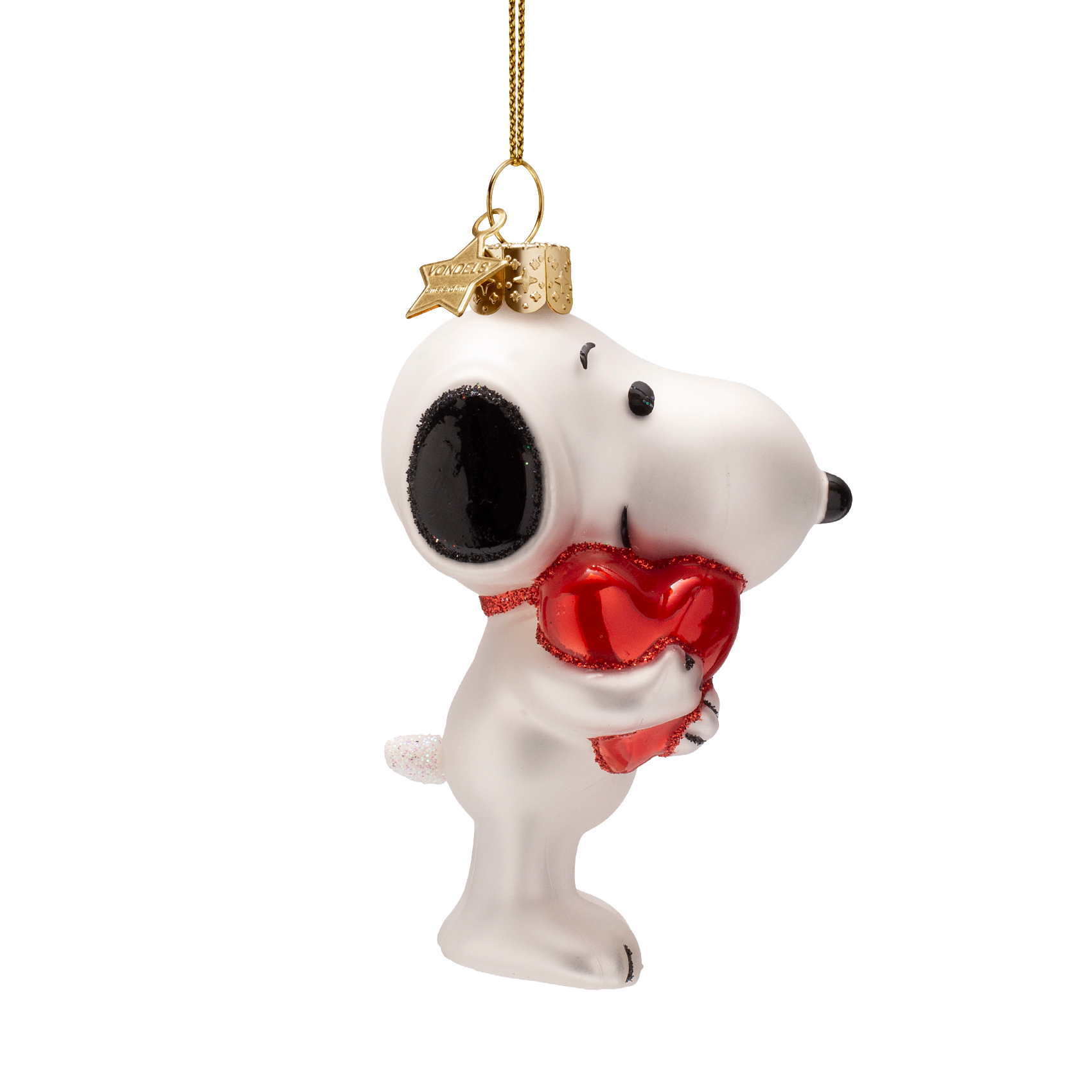 Snoopy/Peanuts-Glasornament mit Herz, 11 cm hoch, mit Schachtel