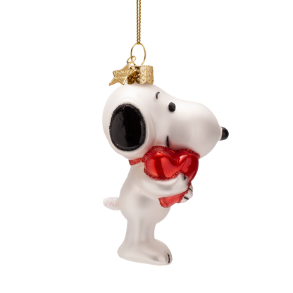 Snoopy/Peanuts-Glasornament mit Herz, 11 cm hoch, mit Schachtel
