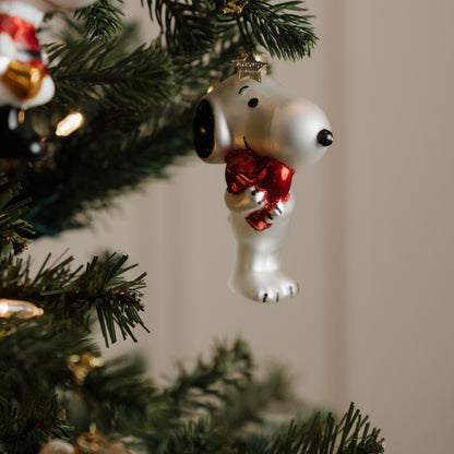 Snoopy/Peanuts-Glasornament mit Herz, 11 cm hoch, mit Schachtel