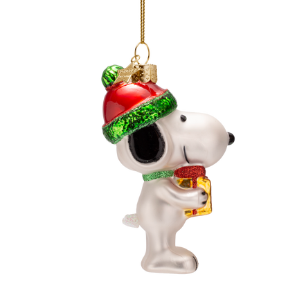 Snoopy/Peanuts-Glasornament mit Geschenk, 11 cm hoch, inklusive Schachtel