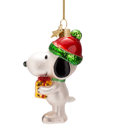 Snoopy/Peanuts-Glasornament mit Geschenk, 11 cm hoch, inklusive Schachtel