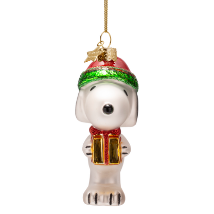 Snoopy/Peanuts-Glasornament mit Geschenk, 11 cm hoch, inklusive Schachtel