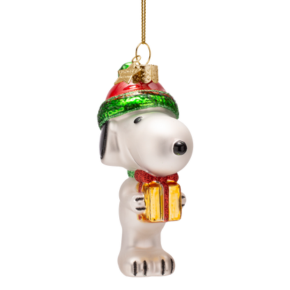 Snoopy/Peanuts-Glasornament mit Geschenk, 11 cm hoch, inklusive Schachtel