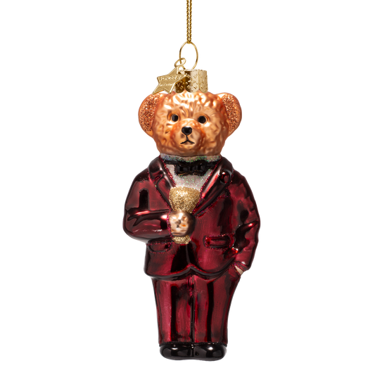 Ornament glass burgundy bear in clothes H11.5cm