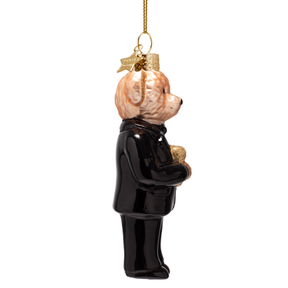 Ornament aus Glas, schwarzer Bär in Kleidung, Höhe 11,5 cm