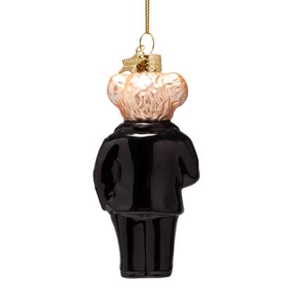 Ornament aus Glas, schwarzer Bär in Kleidung, Höhe 11,5 cm