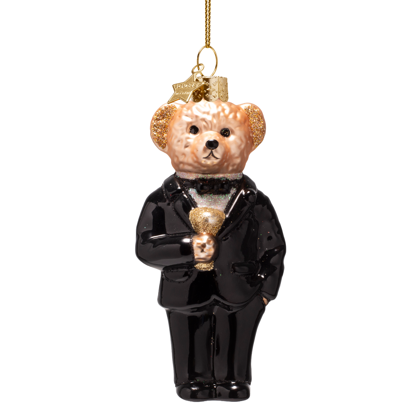 Ornament aus Glas, schwarzer Bär in Kleidung, Höhe 11,5 cm