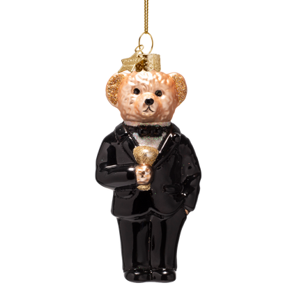 Ornament aus Glas, schwarzer Bär in Kleidung, Höhe 11,5 cm