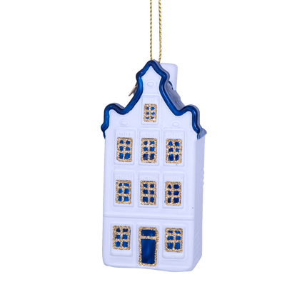 Ornamentales Glas, weiß/blau, Giebel für ein Kanalhaus, H9cm, mit Schachtel