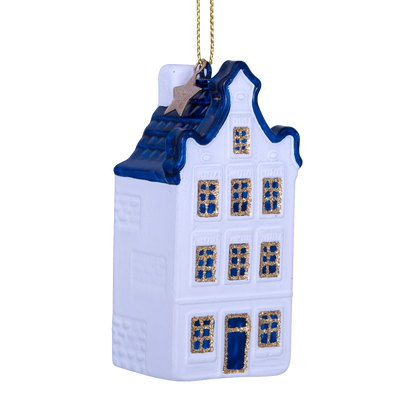 Ornamentales Glas, weiß/blau, Giebel für ein Kanalhaus, H9cm, mit Schachtel