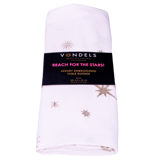 Embroidered table runner stars all over ecru 240cmx45cm#