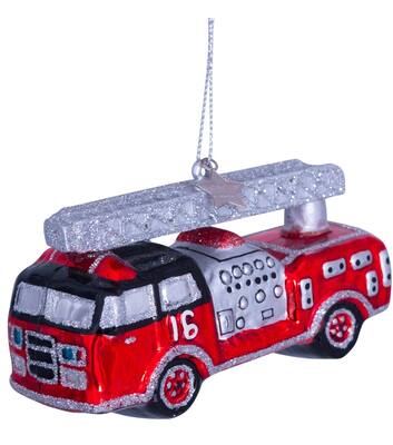 Weihnachtsanhänger Glas rot/silbernes Feuerwehrauto H6cm