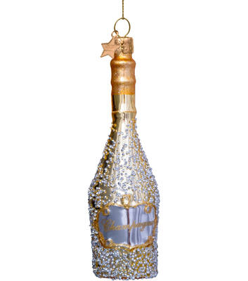 Glazen kerst decoratie hanger gouden champagnefles met diamanten H16cm