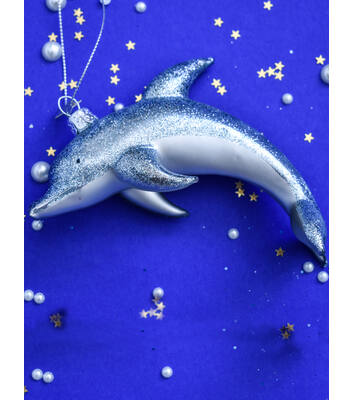 Glazen kerst decoratie blauwe dolfijn met glitter H12cm