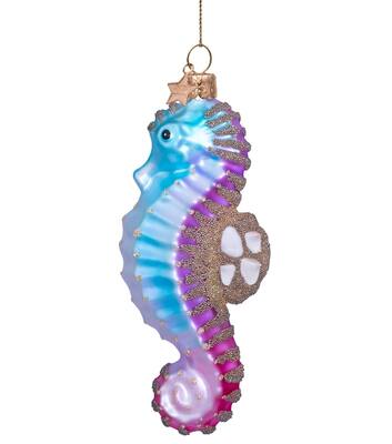 Ornament glass blue/gold seahorse w/shells H13.5cm