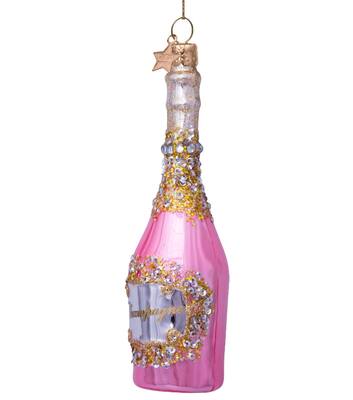 Glazen kerst decoratie hanger roze/goud champagne fles H16cm