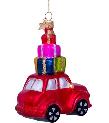 Ornament glass red car w/presents on top H11,5cm