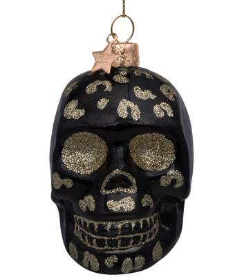 Ornament glass black skull head w/leopard print H8cm