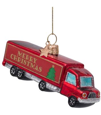 Ornament glass red truck w/merry christmas H5cm