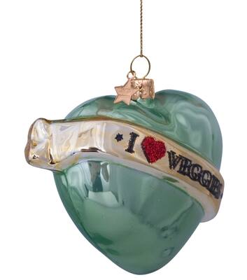 Weihnachtsanhänger Glas opal zart grünes Herz mit Text 'veggies' H8,5cm