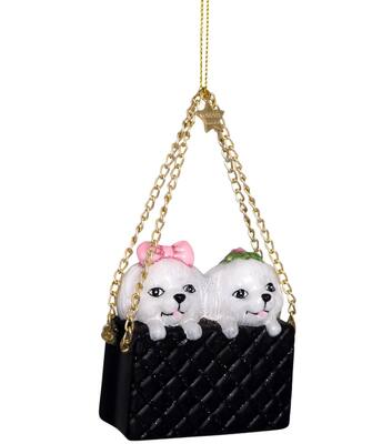 Glazen kerst decoratie zwart mat fashion tas met honden H7cm