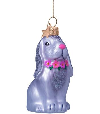 Ornament glass grey rabbit w/flower necklace H8.5cm