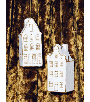 Ornament glass white/gold canal house step gable H8.5cm