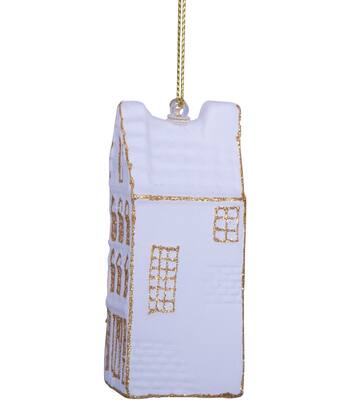 Weihnachtsanhänger Glas weiß/goldenes Grachtenhaus Treppengiebel H8,5cm