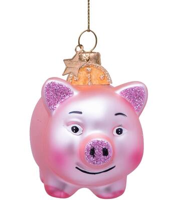 Ornament glass soft pink matt piggy bank w/coin H5.5cm