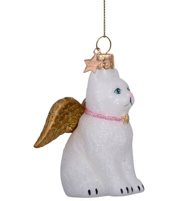 Glazen kerst decoratie witte kat met gouden vleugels H8cm