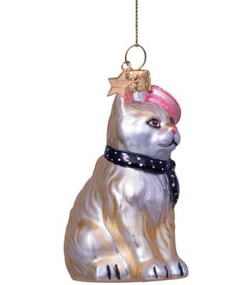 Ornament glass cat w/barret and scarf H8.5cm