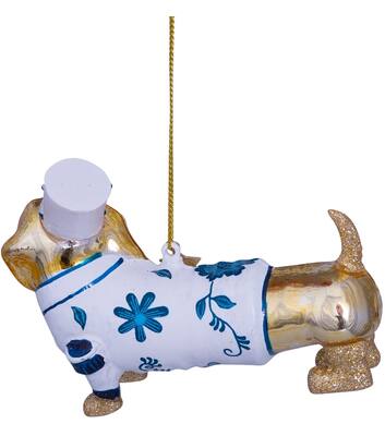 Ornament glass gold/Delft blue dog H9cm w/box