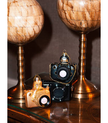 Weihnachtsanhänger Glas goldene Kamera H9cm