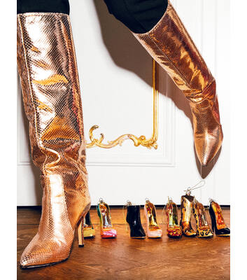 Ornament glass gold high heel pump w/leopard glitter H9cm