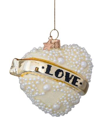 Ornament glass heart w/pearls w/text love H8.5cm
