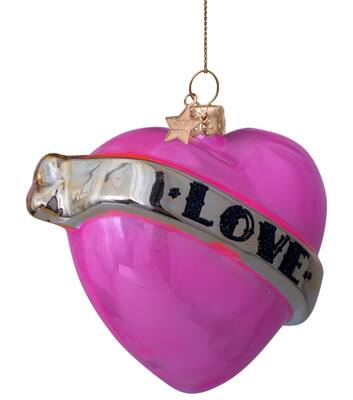 Glazen kerst decoratie roze opaal hart met tekst love H8.5cm