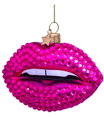 Ornament glass raspberry pink lips w/all diamondsH6.5cm