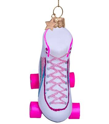 Glazen kerst decoratie hanger witte rolschaats met regenboog H9cm