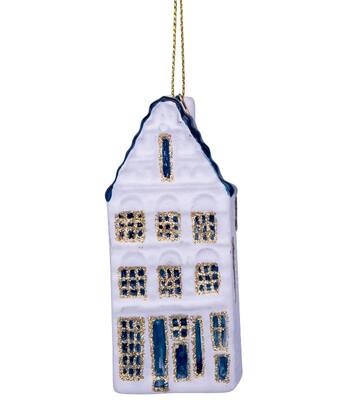 Weihnachtsanhänger Glas weiß/blaues Grachtenhaus Treppengiebel H9cm*