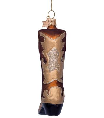 Ornament glass brown w/gold glitter cowboy boot H10.5cm