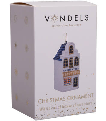 Glazen kerst decoratie wit grachtenpand kaaswinkel H9cm w/box