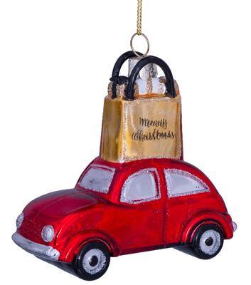 Weihnachtsanhänger Glas rotes Auto mit goldener Einkaufstasche H9cm