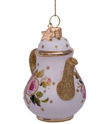 Ornament glass white tea pot w/flower print H10cm