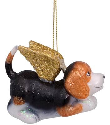 Ornament glass beagle w/gold wings H6,5cm